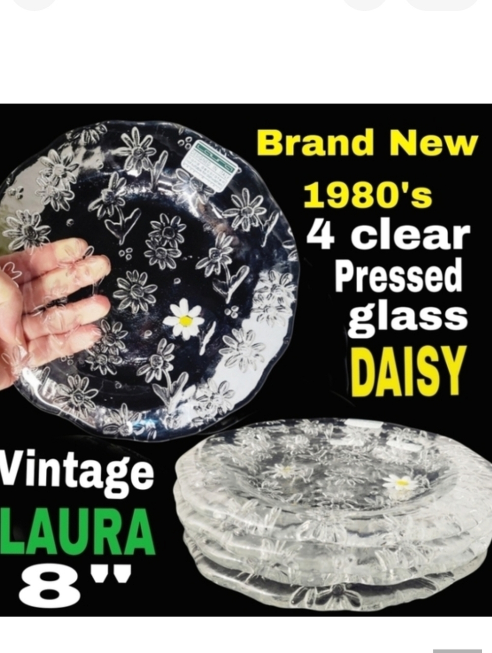 1980s Italian Brand New Vintage Deadstock Clear Pressed Glass Daisy Sala…